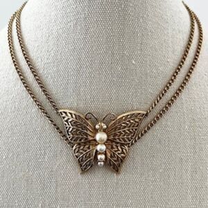 Vintage Butterfly Choker Necklace Gold Tone Faux Pearl Mid Century